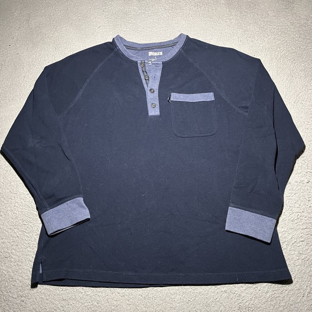 Duluth Trading Sweatshirt Mens Large Henley Blue Pocket Cotton Blend Long Sleeve